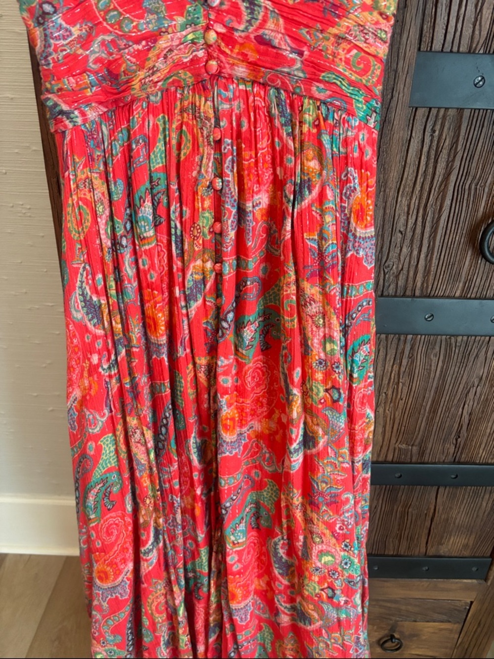 Anthropologie Red Paisley V-Neck Maxi Dress with Puff Sleeves - Picture 5 of 8